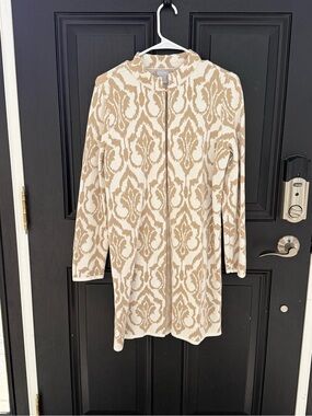 Chico's Beige and Cream Patterned Zip Cardigan